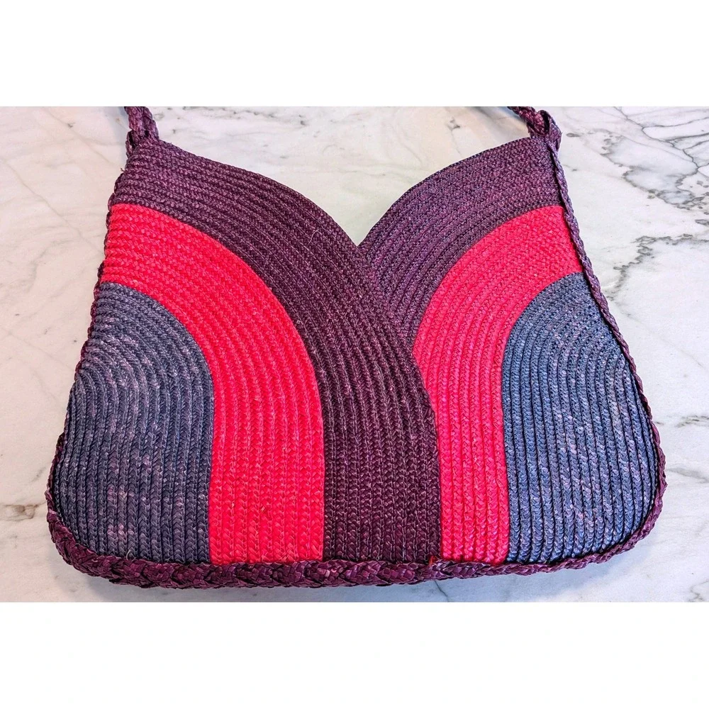Vintage Tianjin Woven Straw Shoulder Bag Purple Pink Geometric Color Block Purse